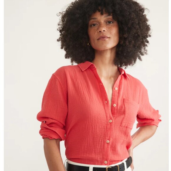 Marine Layer Abbey Double Cloth Cotton Gauze Button Down Hibiscus Red Small $98 - Picture 1 of 7